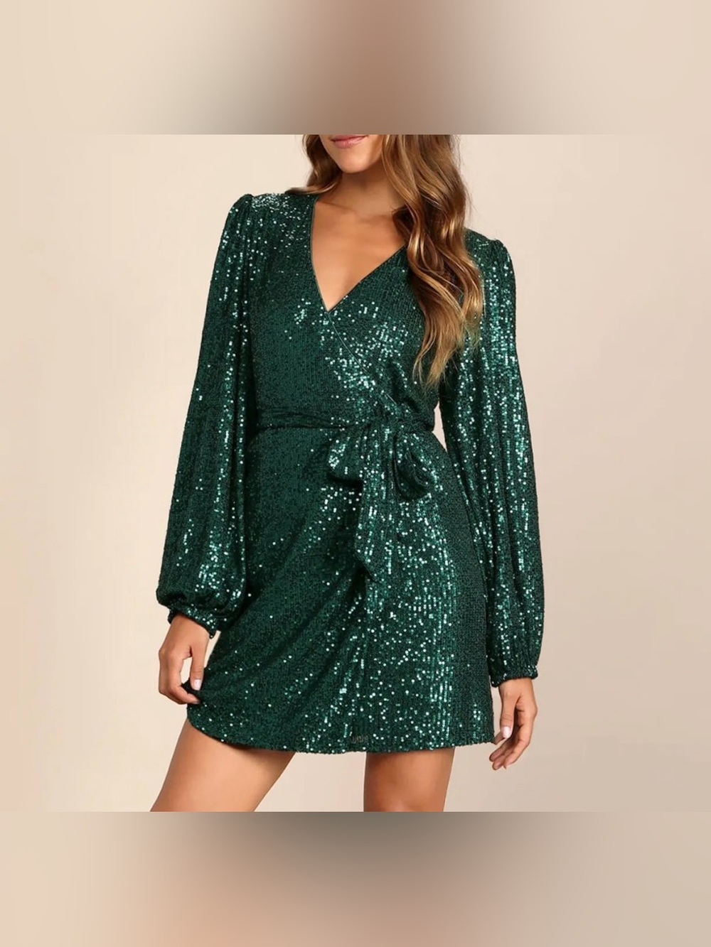 Lulus Sparkly Darling Emerald Green Sequin Long Sleeve Wrap Dress